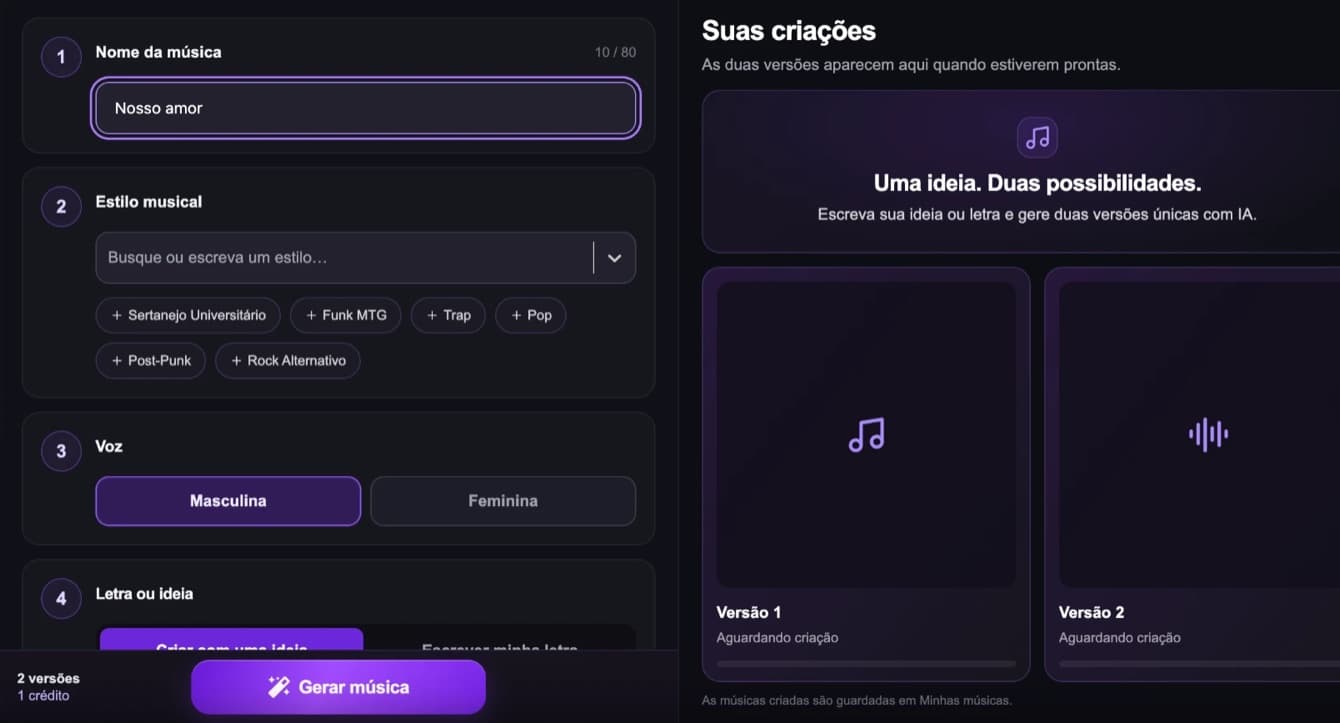 Estúdio com o campo Nome da música preenchido e sugestões de estilo