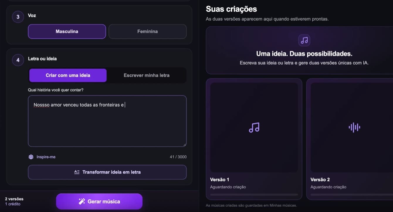 Opção Criar com uma ideia com a história da música escrita